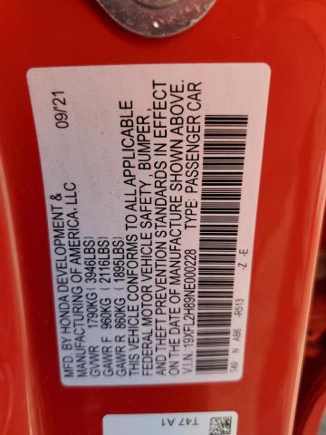 19XFL2H89NE000228 - 2022 HONDA CIVIC SPORT 红色 照片 12