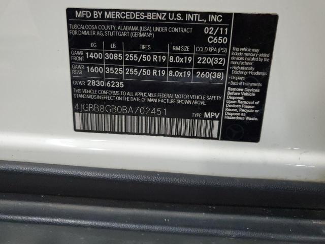 4JGBB8GB0BA702451 - 2011 MERCEDES-BENZ ML 350 4MATIC WHITE photo 13