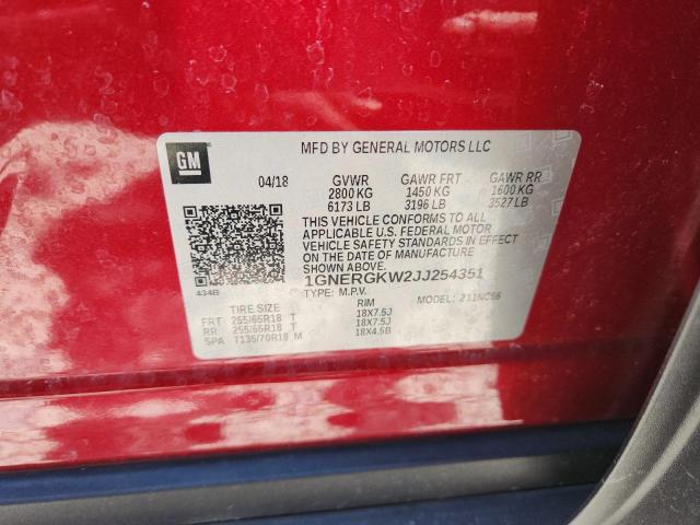 1GNERGKW2JJ254351 - 2018 CHEVROLET TRAVERSE LT 红色 照片 14