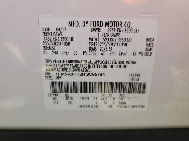 1FM5K8HT2HGC85764 - 2017 FORD EXPLORER PLATINUM WHITE photo 12