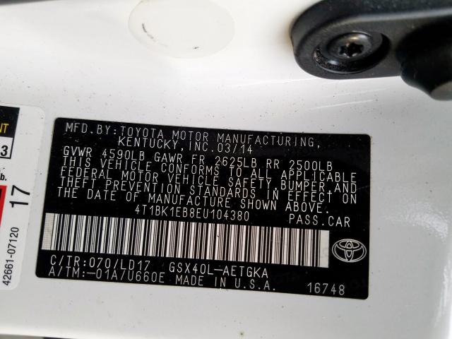 4T1BK1EB8EU104380 - 2014 TOYOTA AVALON BASE  照片 10