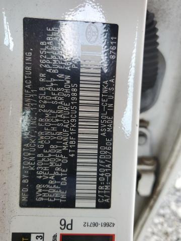 4T1BF1FK9CU519885 - 2012 TOYOTA CAMRY BASE Білий фото 12