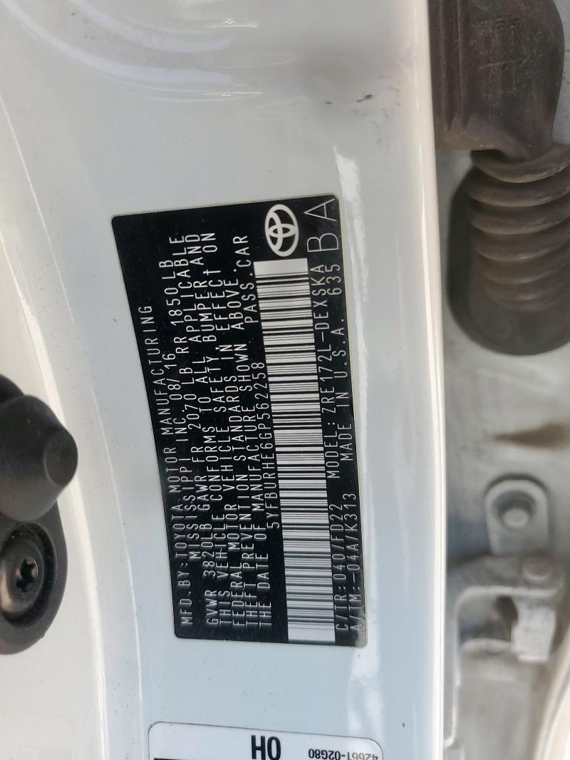 5YFBURHE6GP562258 - 2016 TOYOTA COROLLA L Белый фото 12