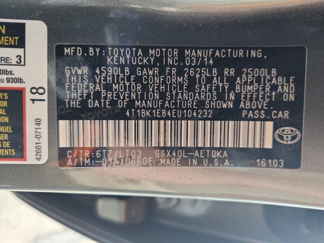 4T1BK1EB4EU104232 - 2014 TOYOTA AVALON BASE GRAY photo 12