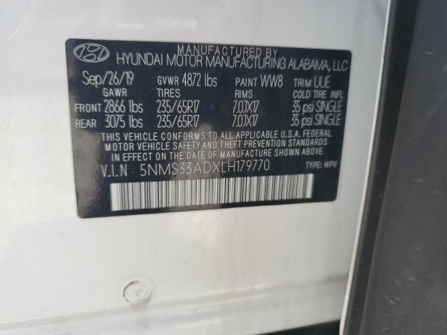5NMS33ADXLH179770 - 2020 HYUNDAI SANTA FE SEL WHITE photo 13