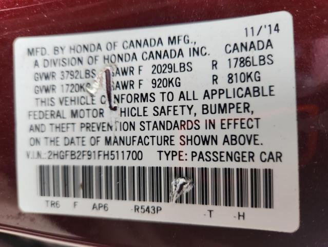 2HGFB2F91FH511700 - 2015 HONDA CIVIC EXL BURGUNDY photo 13