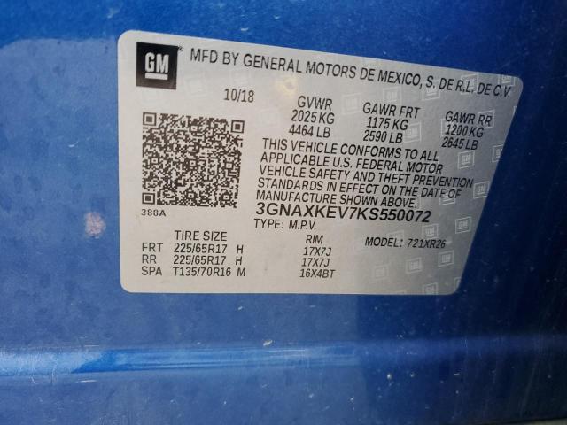 3GNAXKEV7KS550072 - 2019 CHEVROLET EQUINOX LT Mavi foto 14