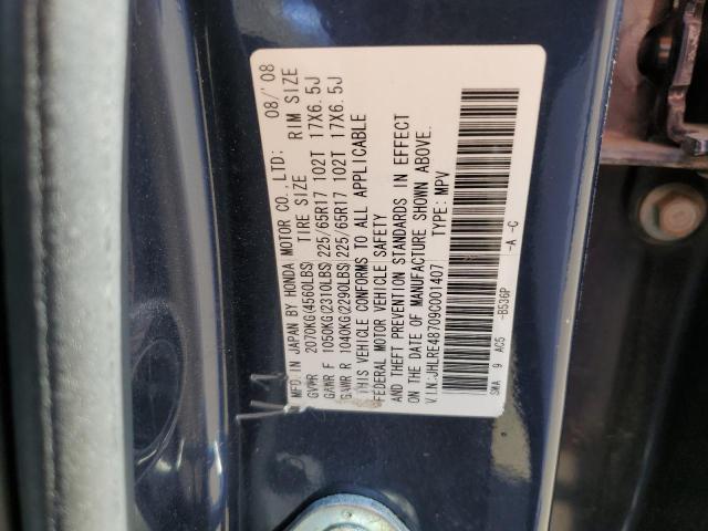 JHLRE48709C001407 - 2009 HONDA CR-V EXL BLUE photo 12