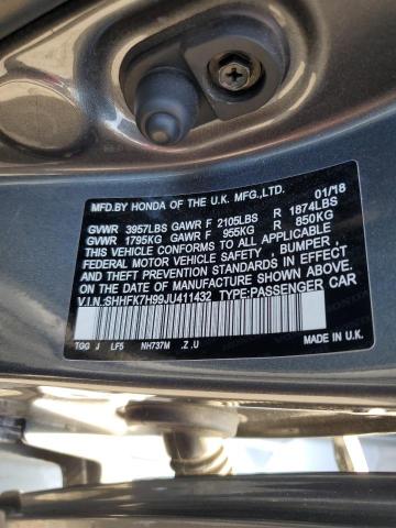 SHHFK7H99JU411432 - 2018 HONDA CIVIC SPORT TOURING GRAY photo 12