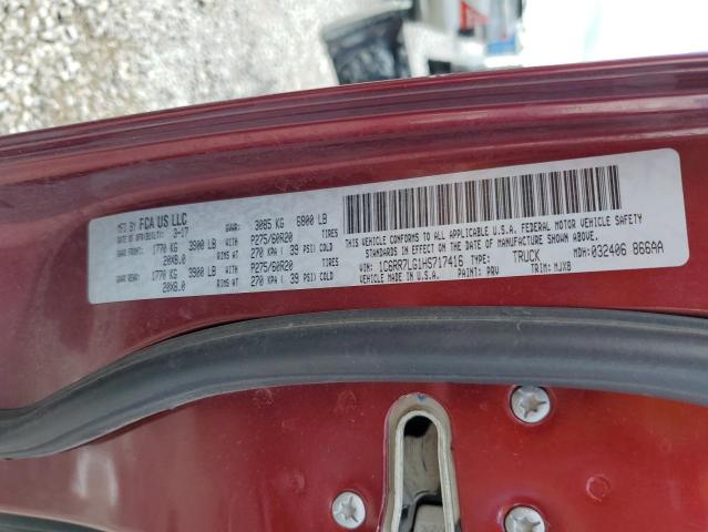 1C6RR7LG1HS717416 - 2017 RAM 1500 SLT BURGUNDY photo 12