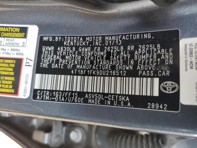 4T1BF1FK9DU216512 - 2013 TOYOTA CAMRY L GRAY photo 12