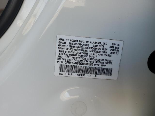 5FNYF6H06GB088685 - 2016 HONDA PILOT ELITE WHITE photo 13