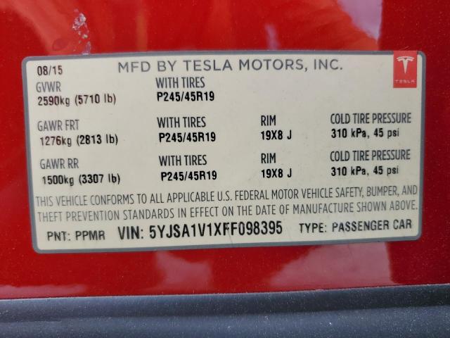 5YJSA1V1XFF098395 - 2015 TESLA MODEL S 90 წითელი ფოტო 12