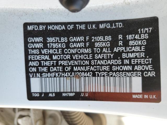 SHHFK7H4XJU208442 - 2018 HONDA CIVIC SPORT 白色 照片 12