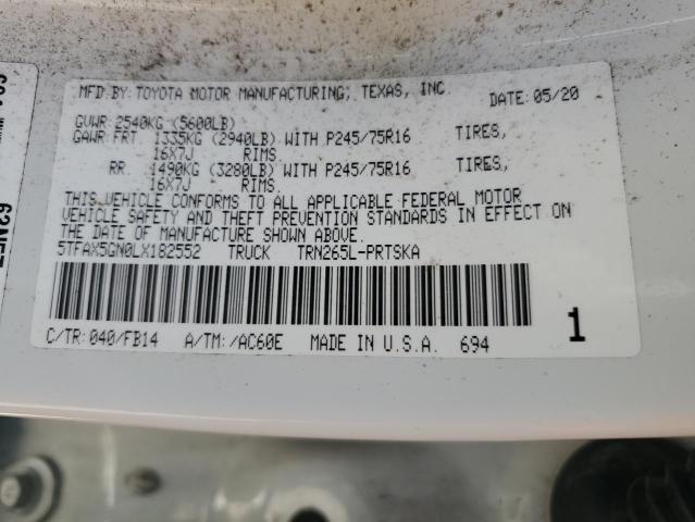 5TFAX5GN0LX182552 - 2020 TOYOTA TACOMA DOUBLE CAB WHITE photo 12