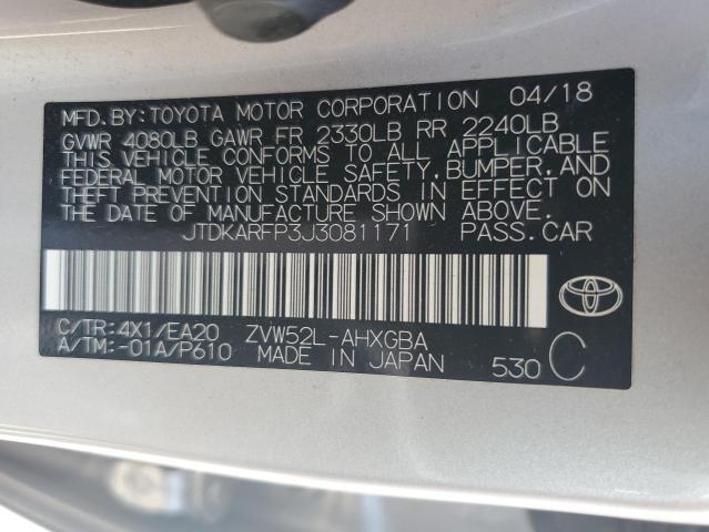 JTDKARFP3J3081171 - 2018 TOYOTA PRIUS PRIM 银色 照片 13