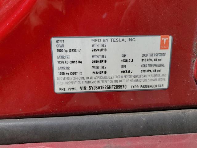 5YJSA1E26HF209570 - 2017 TESLA MODEL S RED photo 12