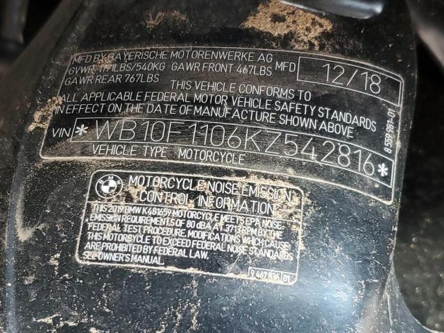 WB10F1106KZ542816 - 2019 BMW K1600 GT BLACK photo 10