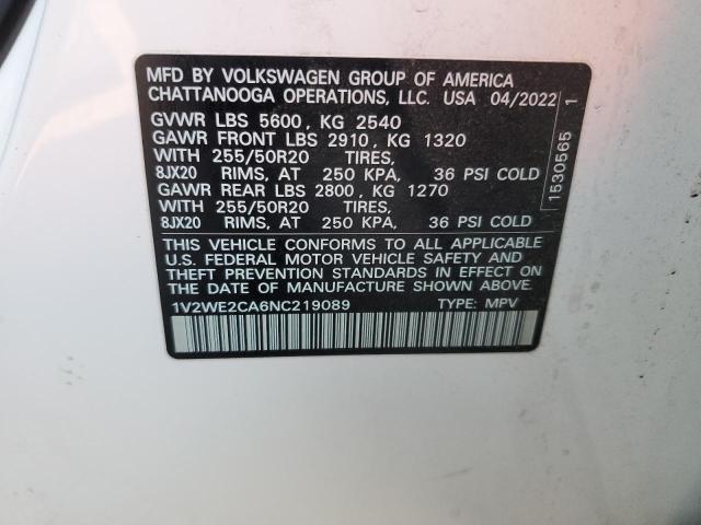 1V2WE2CA6NC219089 - 2022 VOLKSWAGEN ATLAS CROS SE WHITE photo 12