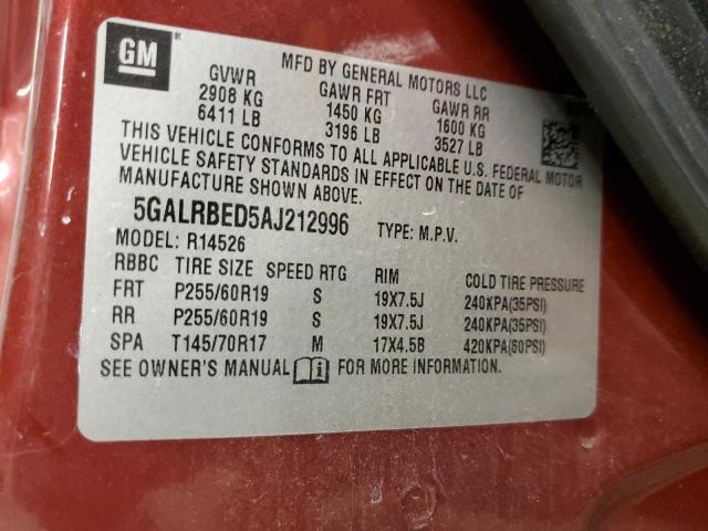 5GALRBED5AJ212996 - 2010 BUICK ENCLAVE CXL RED photo 10