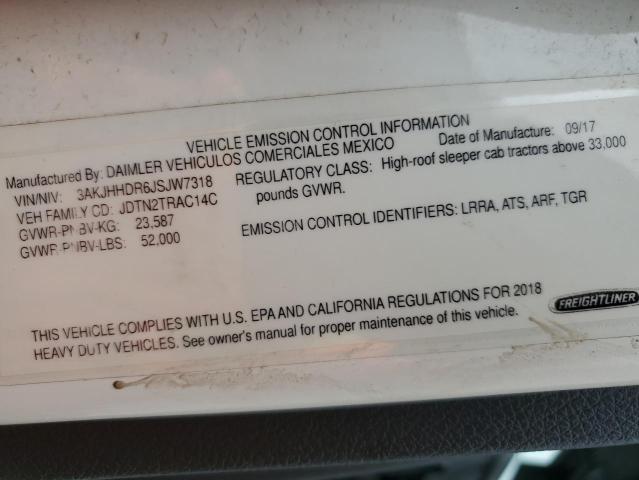 3AKJHHDR6JSJW7318 - 2018 FREIGHTLINER CASCADIA 1 თეთრი ფოტო 10