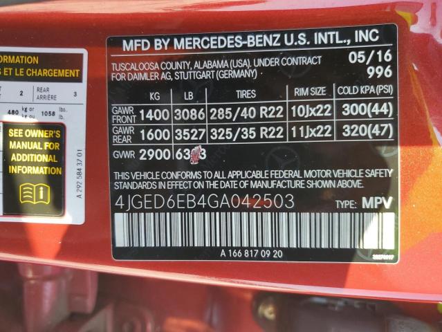 4JGED6EB4GA042503 - 2016 MERCEDES-BENZ GLE COUPE 450 4MATIC RED photo 12