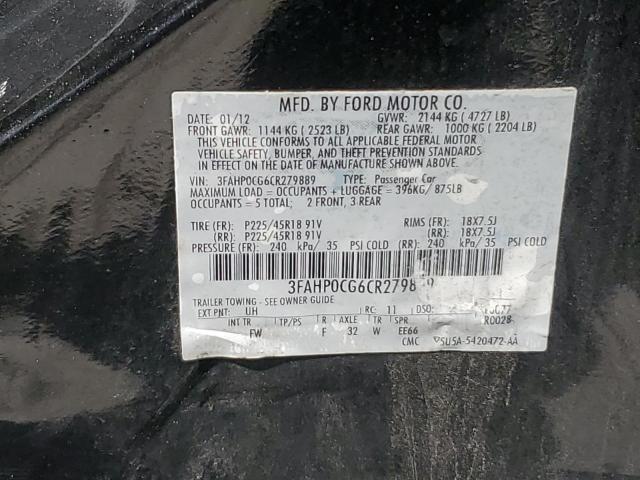 3FAHP0CG6CR279889 - 2012 FORD FUSION SEL BLACK photo 12