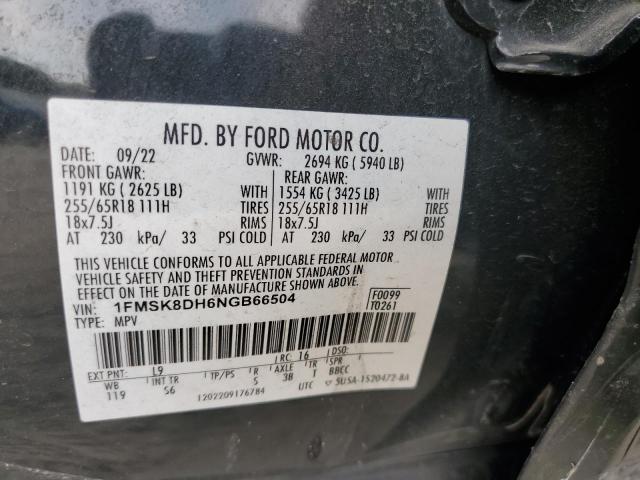 1FMSK8DH6NGB66504 - 2022 FORD EXPLORER XLT GRAY photo 14