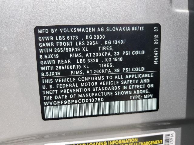 WVGEF9BP9CD010750 - 2012 VOLKSWAGEN TOUAREG V6 ვერცხლისფერი ფოტო 12