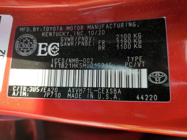 4T1B21HK5MU015215 - 2021 TOYOTA CAMRY XLE 红色 照片 12
