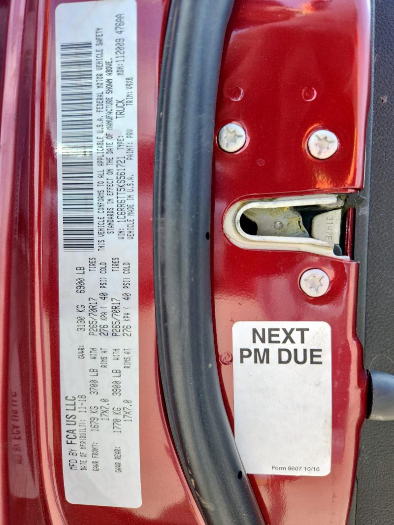 1C6RR6TT5KS561721 - 2019 RAM 1500 CLASS SLT ბურგუნდია ფოტო 13