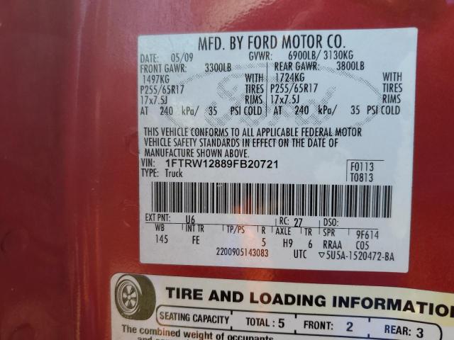 1FTRW12889FB20721 - 2009 FORD F150 SUPERCREW MAROON photo 12