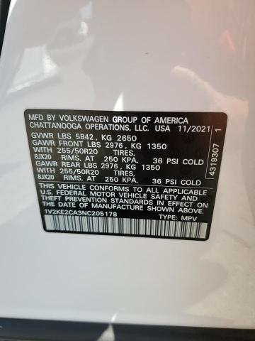 1V2KE2CA3NC205178 - 2022 VOLKSWAGEN ATLAS CROS SE თეთრი ფოტო 13