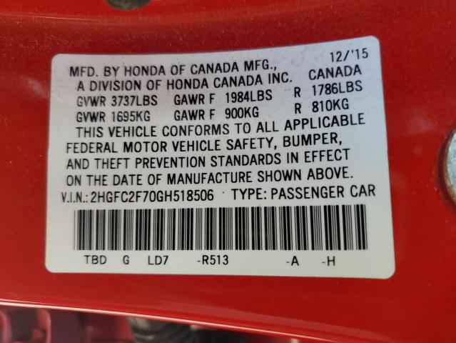 2HGFC2F70GH518506 - 2016 HONDA CIVIC EX RED photo 12