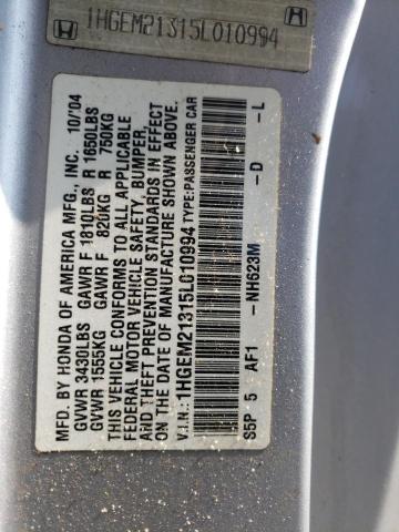 1HGEM21315L010994 - 2005 HONDA CIVIC DX VP Silber Foto 12