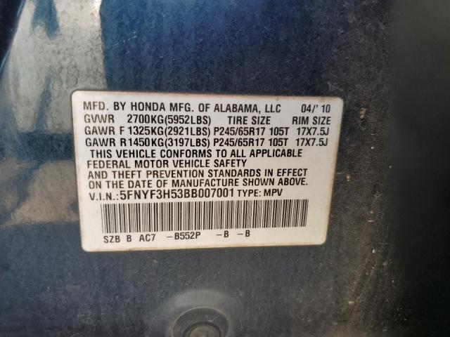 5FNYF3H53BB007001 - 2011 HONDA PILOT EXL BLUE photo 13