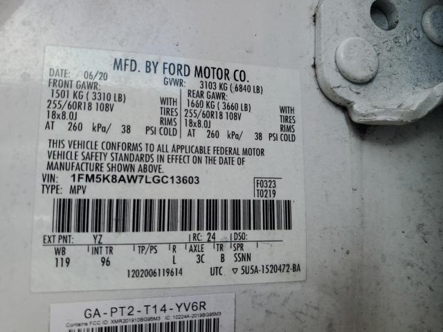 1FM5K8AW7LGC13603 - 2020 FORD EXPLORER POLICE INTERCEPTOR أبيض صورة 12