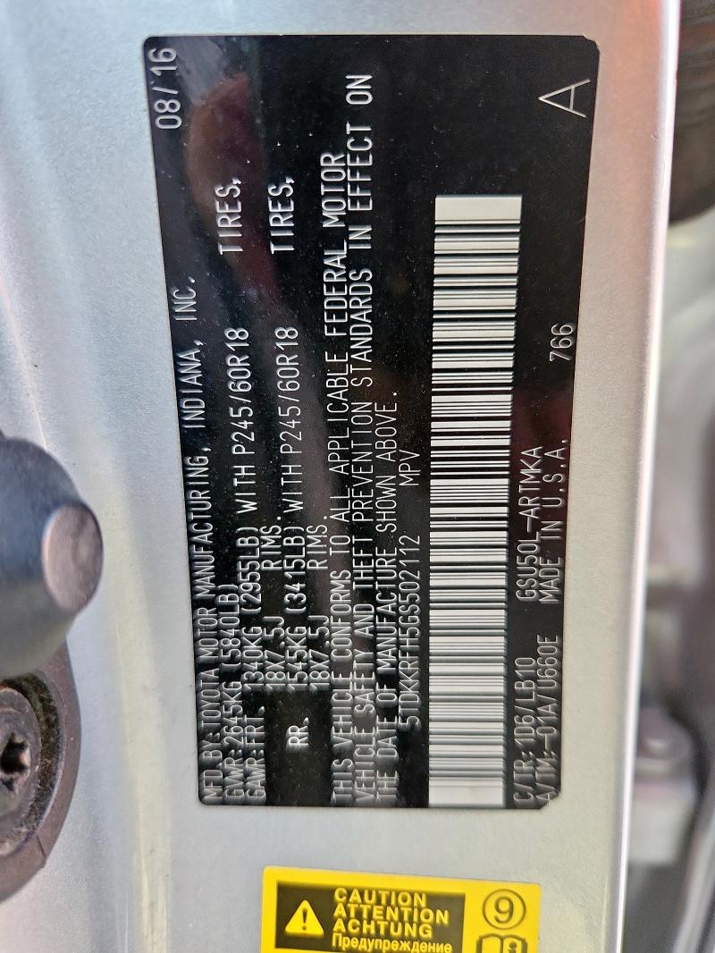 5TDKKRFH5GS502112 - 2016 TOYOTA HIGHLANDER XLE SILVER photo 14