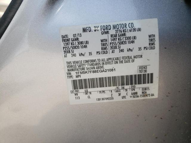 1FM5K7F88EGA21081 - 2014 FORD EXPLORER LIMITED SILVER photo 13