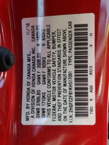 2HGFC2F81KH517091 - 2019 HONDA CIVIC SPORT 红色 照片 12