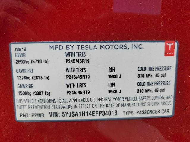 5YJSA1H14EFP34013 - 2014 TESLA MODEL S Красный фото 13