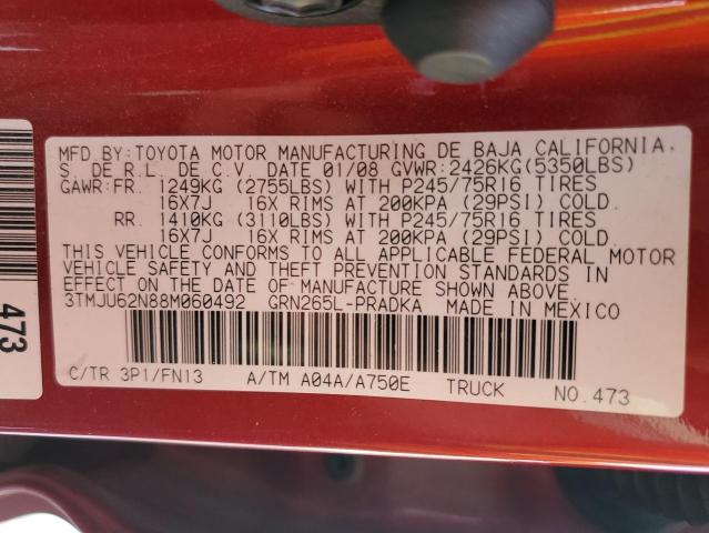 3TMJU62N88M060492 - 2008 TOYOTA TACOMA DOUBLE CAB PRERUNNER RED photo 12