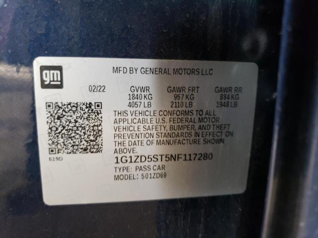 1G1ZD5ST5NF117280 - 2022 CHEVROLET MALIBU LT 蓝色 照片 12