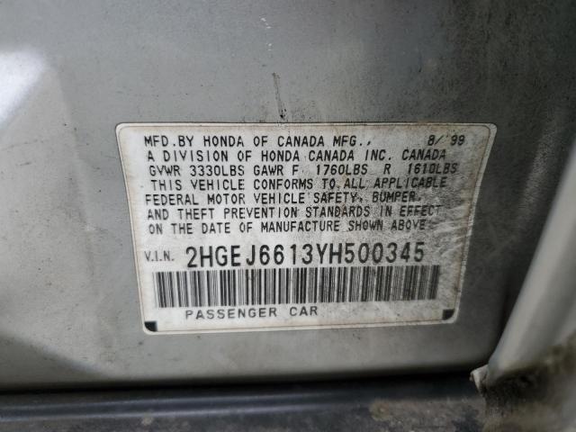 2HGEJ6613YH500345 - 2000 HONDA CIVIC BASE SILVER photo 12