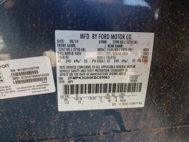 2FMPK3G94KBC65063 - 2019 FORD EDGE SE BLUE photo 10