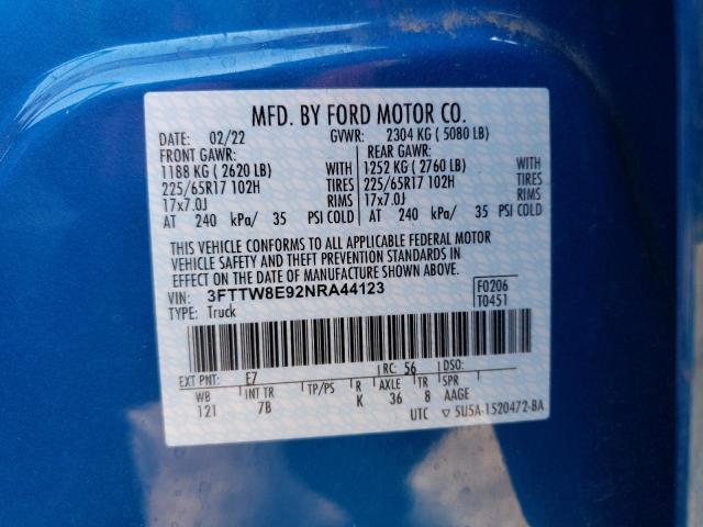 3FTTW8E92NRA44123 - 2022 FORD MAVERICK XL BLUE photo 13