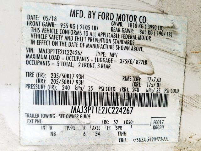 MAJ3P1TE2JC224267 - 2018 FORD ECOSPORT SE  photo 10