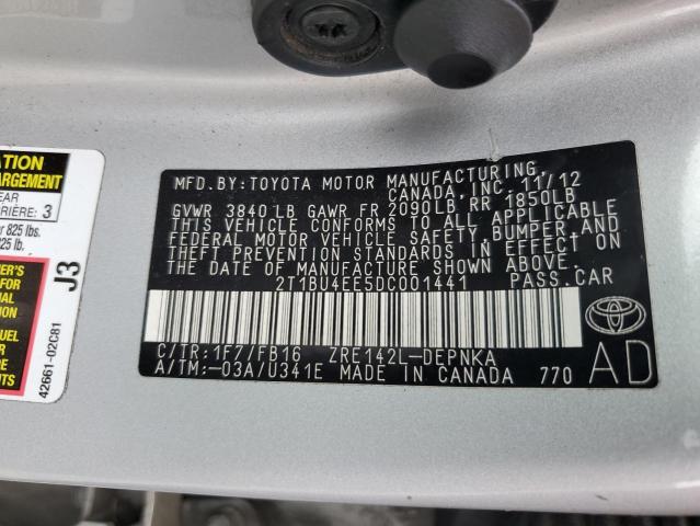 2T1BU4EE5DC001441 - 2013 TOYOTA COROLLA BASE SILVER photo 12