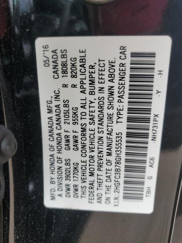 2HGFC3B78GH355535 - 2016 HONDA CIVIC EXL შავი ფოტო 12