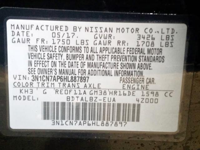 3N1CN7AP6HL887897 - 2017 NISSAN VERSA S  photo 10